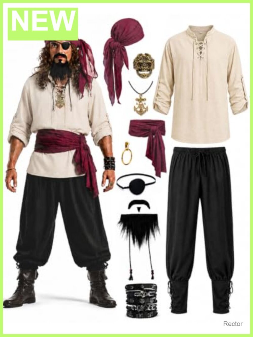 Men's 10-Piece Pirate Costume Set - Renaissance Medieval Halloween Cosplay